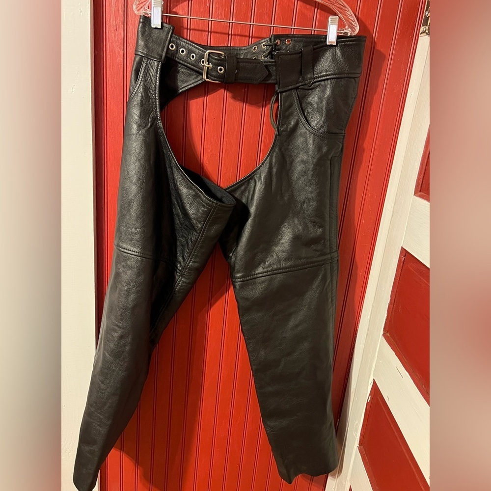 Vintage Leather Chaps Black Genuine Leather  Harley Motorcycle Riding Moto M
